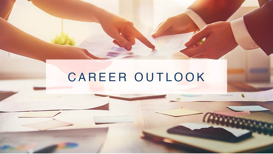 Taxation professional at desk and Career Outlook information for a Master of Taxation